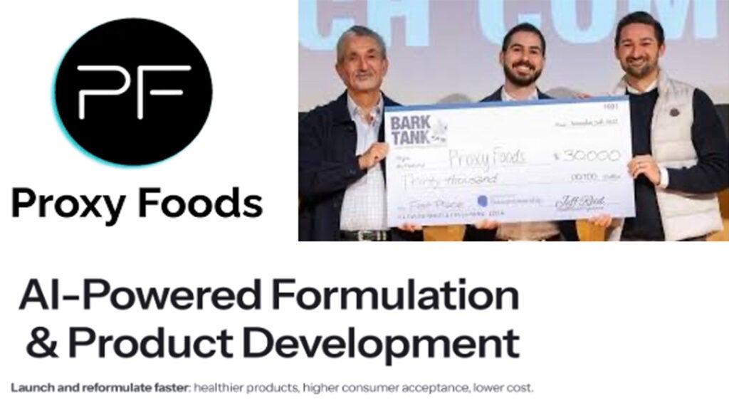 Proxy Foods. AI-Powered Formulation & Product Development. Launch and reformulate faster: healthier products, higher consumer acceptance, lower cost. Photo of Proxy Foods check awarded at Bark Tank.